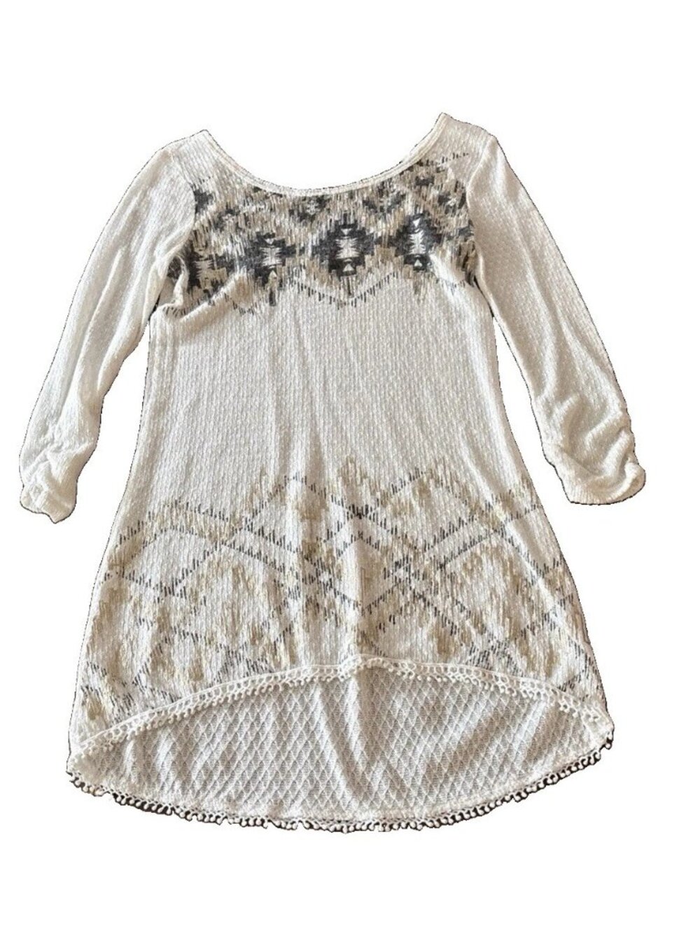Maurices Cream Tribal Mid Western High Low Knit Top Ruched Sleeve Gold Accent XS